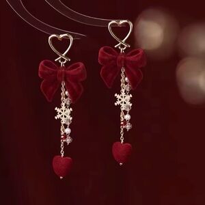 Elegant Red Heart and Snowflake Earrings